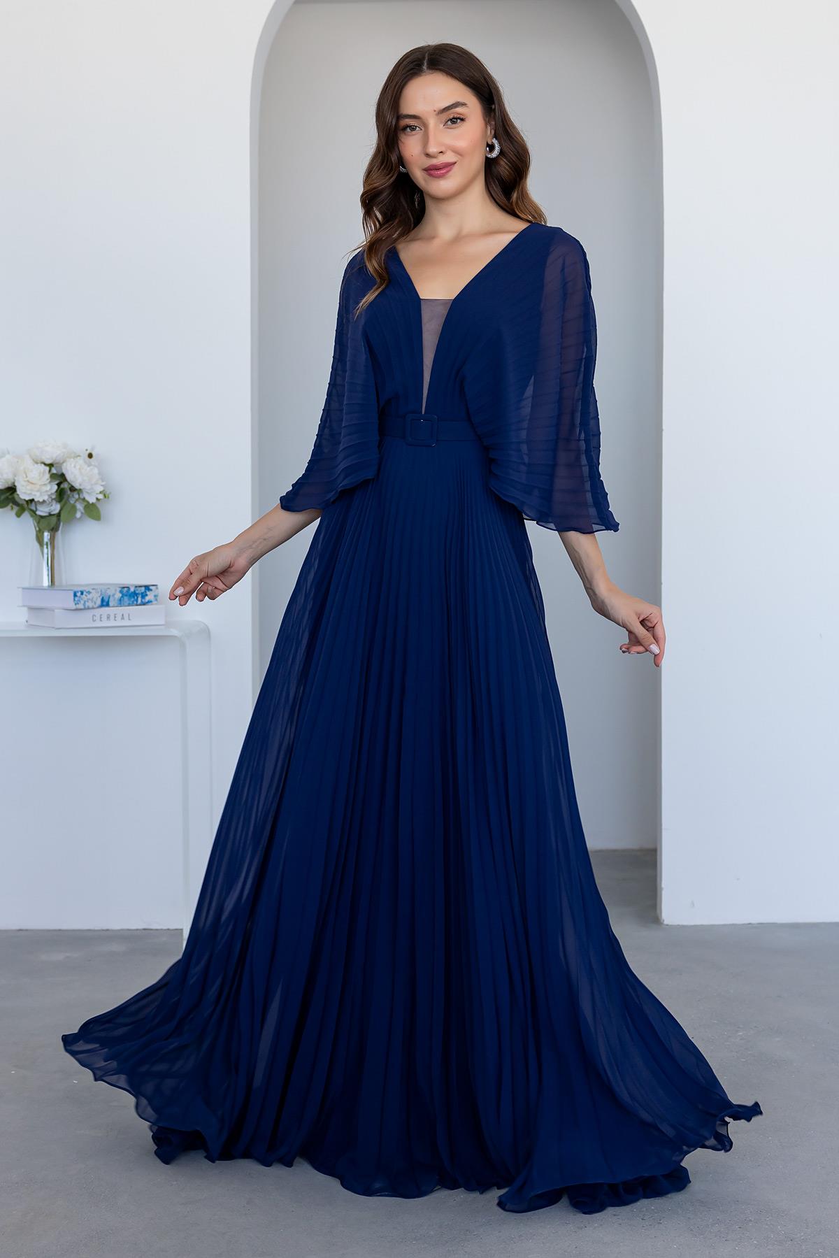 Pleated Chiffon Evening Dress - NAVY BLUE