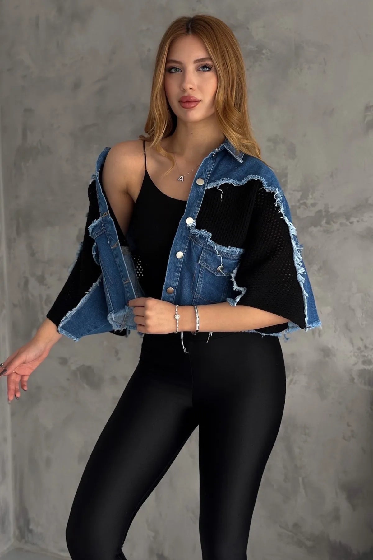 Women's Black Standard Size Pocket Detailed Knitted Mesh Short Denim Jacket