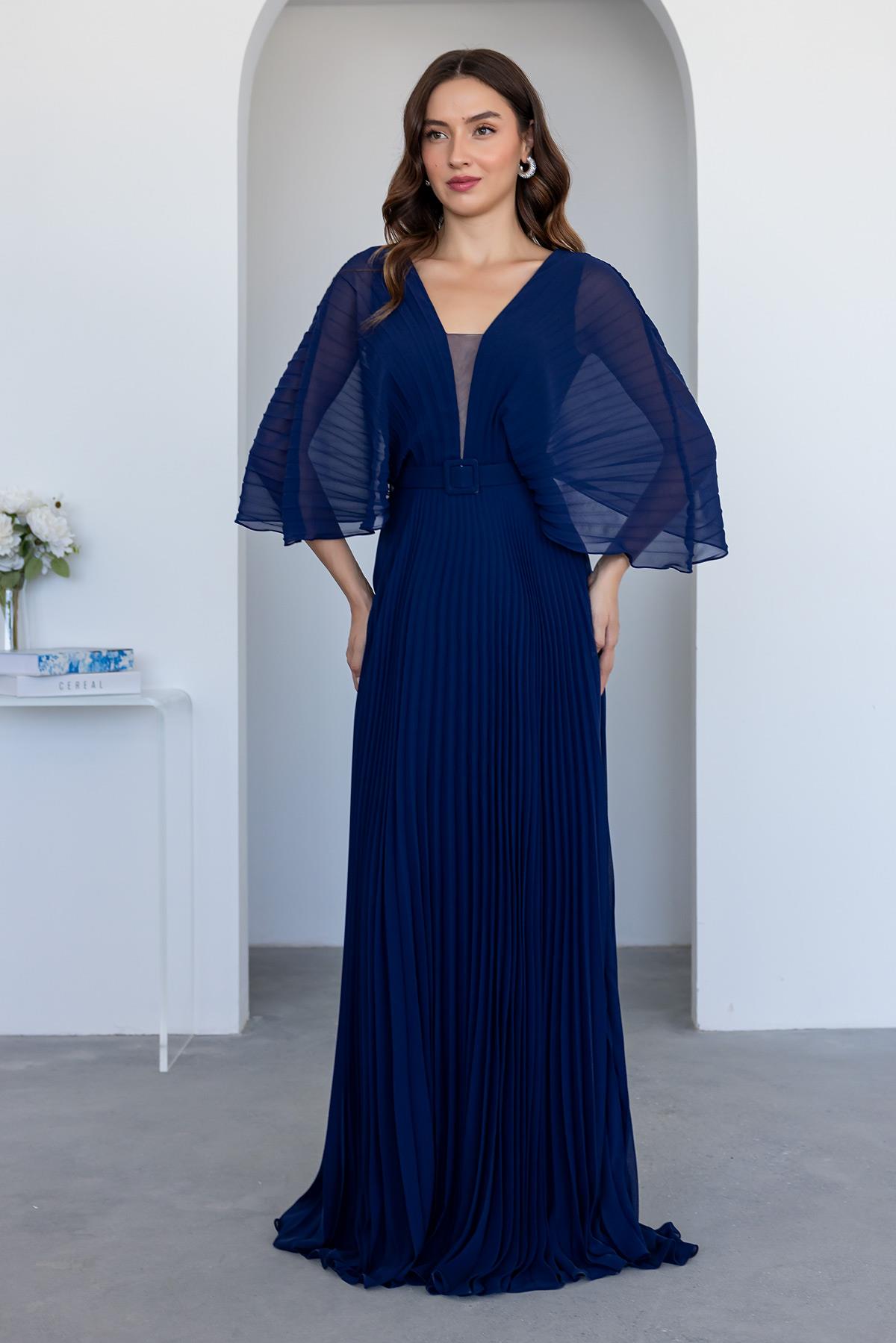 Pleated Chiffon Evening Dress - NAVY BLUE