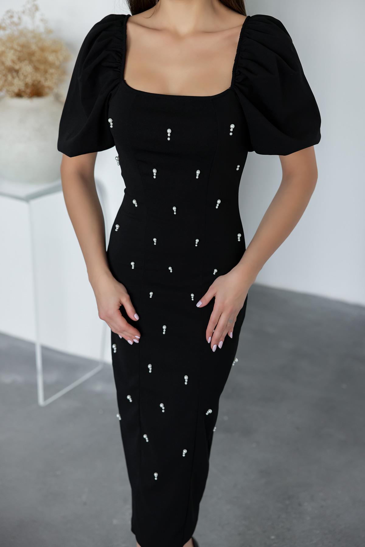 Pearl Balloon Sleeve Dress - BLACK