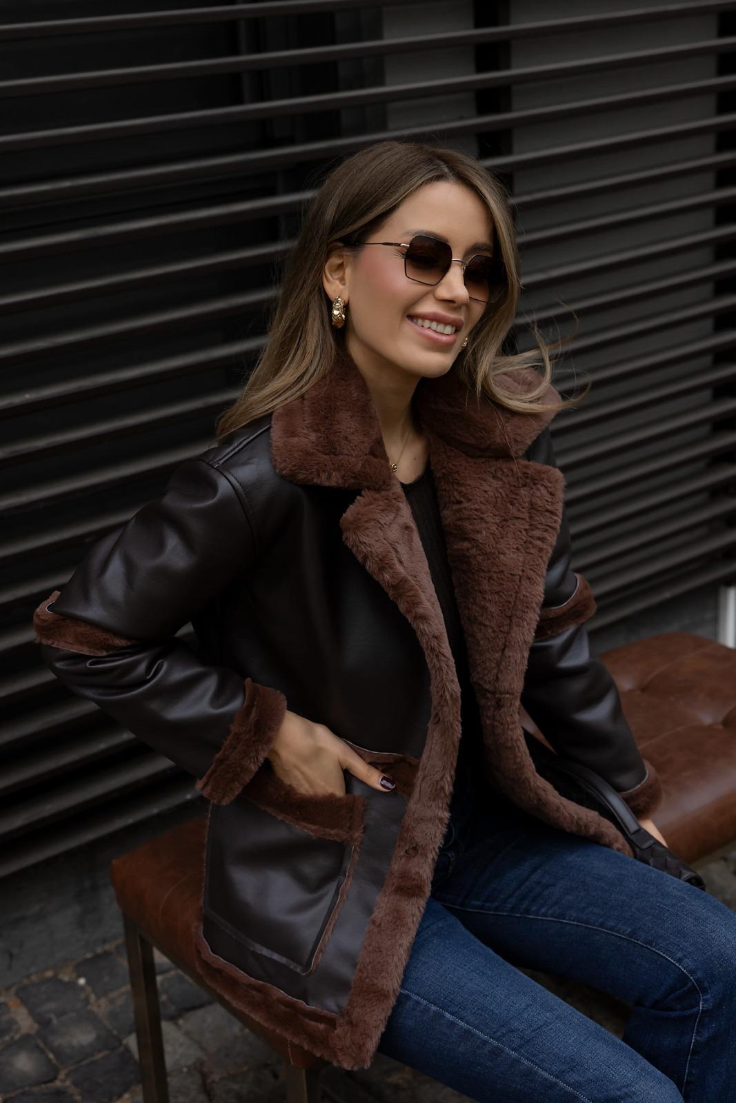 Fur Lined Leather Short Coat - BROWN