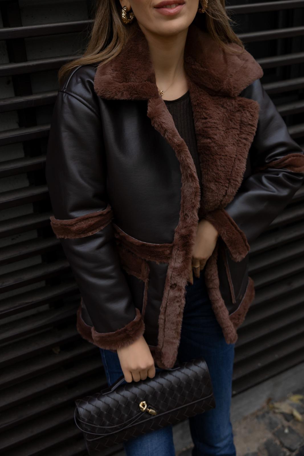 Fur Lined Leather Short Coat - BROWN