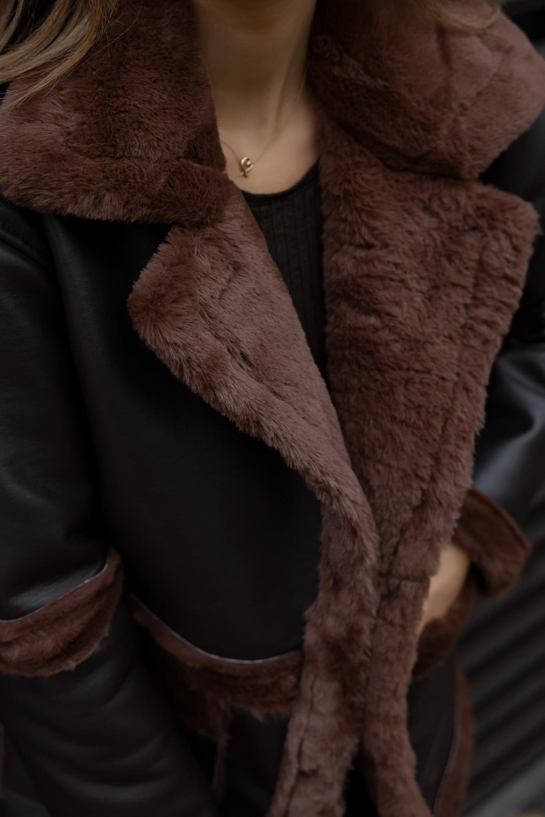 Fur Lined Leather Short Coat - BROWN