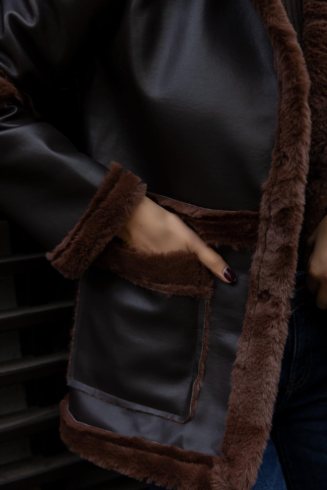 Fur Lined Leather Short Coat - BROWN