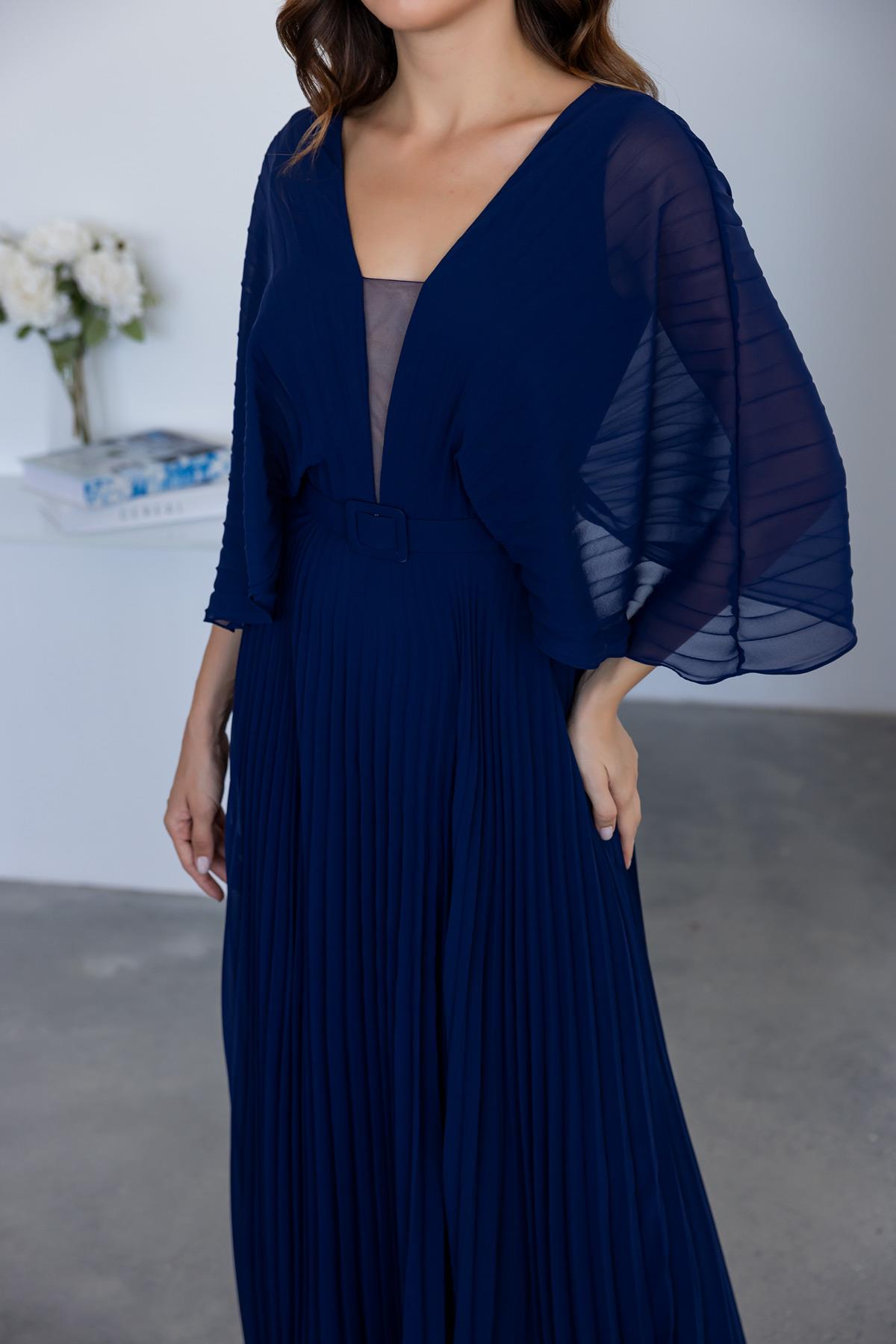 Pleated Chiffon Evening Dress - NAVY BLUE