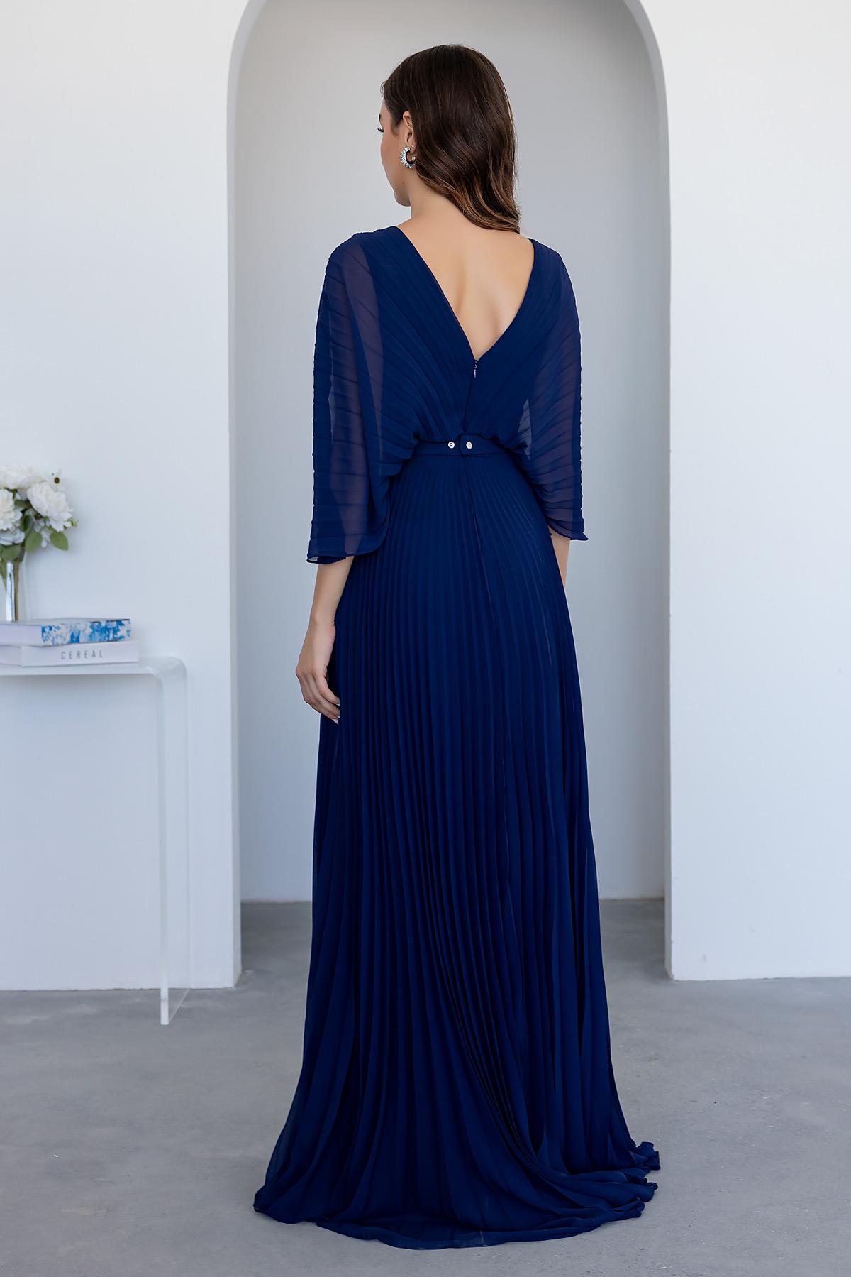 Pleated Chiffon Evening Dress - NAVY BLUE