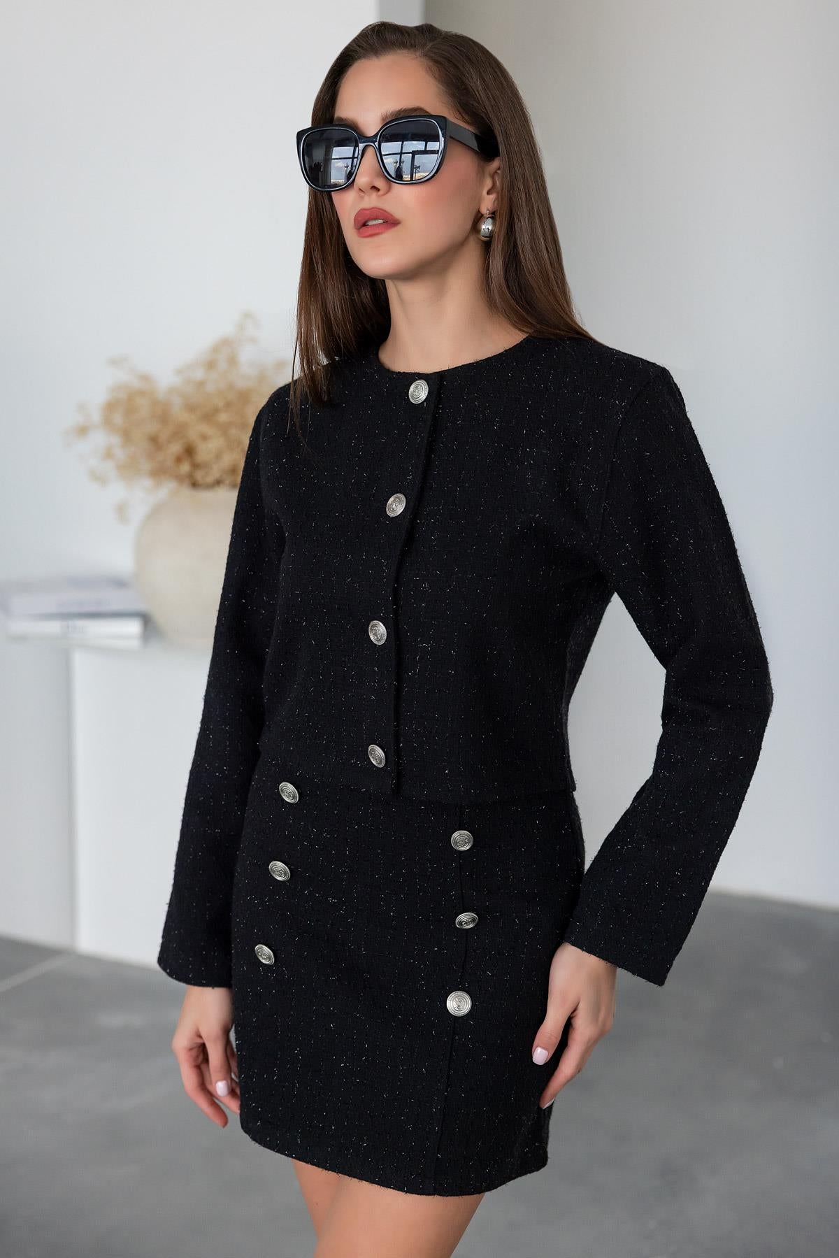 Mini Skirt Tweed Suit - BLACK