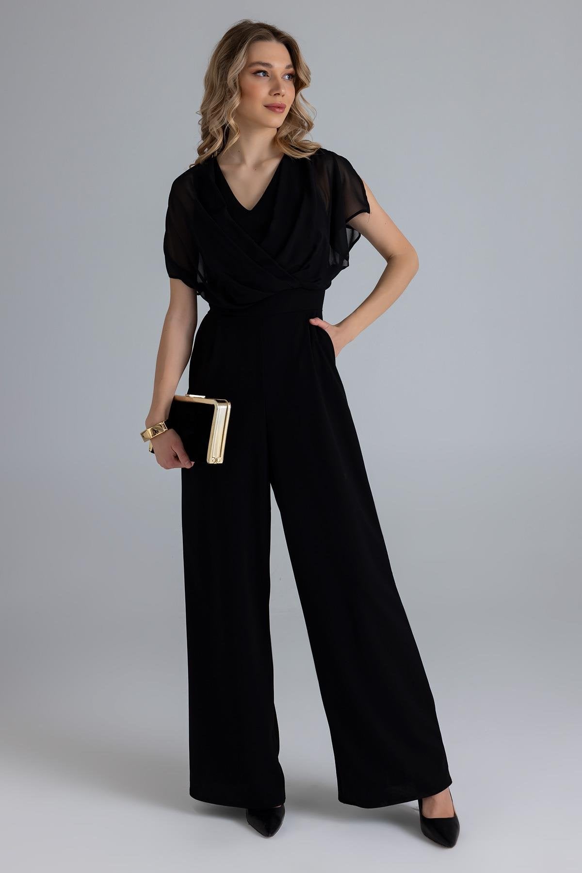 Chiffon Detailed Double Breasted Jumpsuit - BLACK