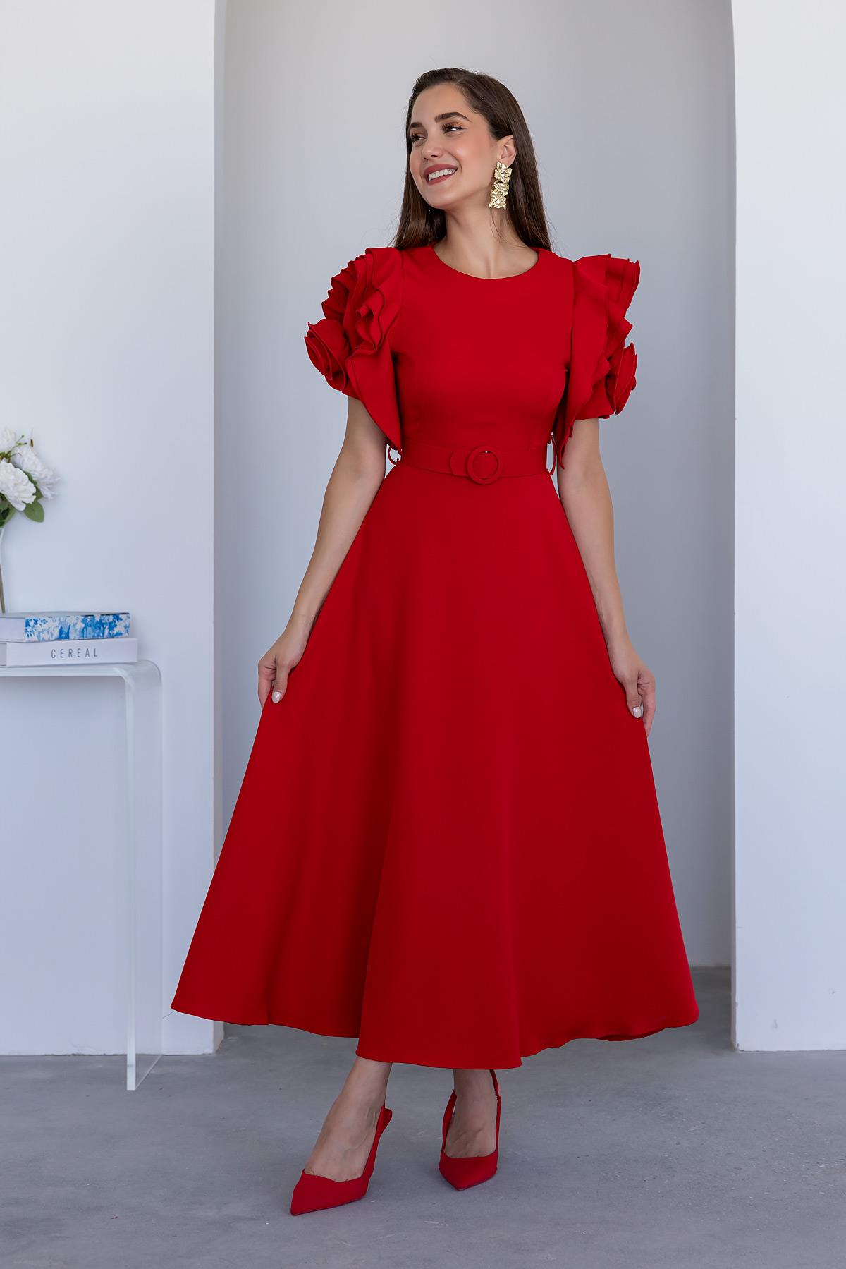 Sleeve Design Belted Dress - RED