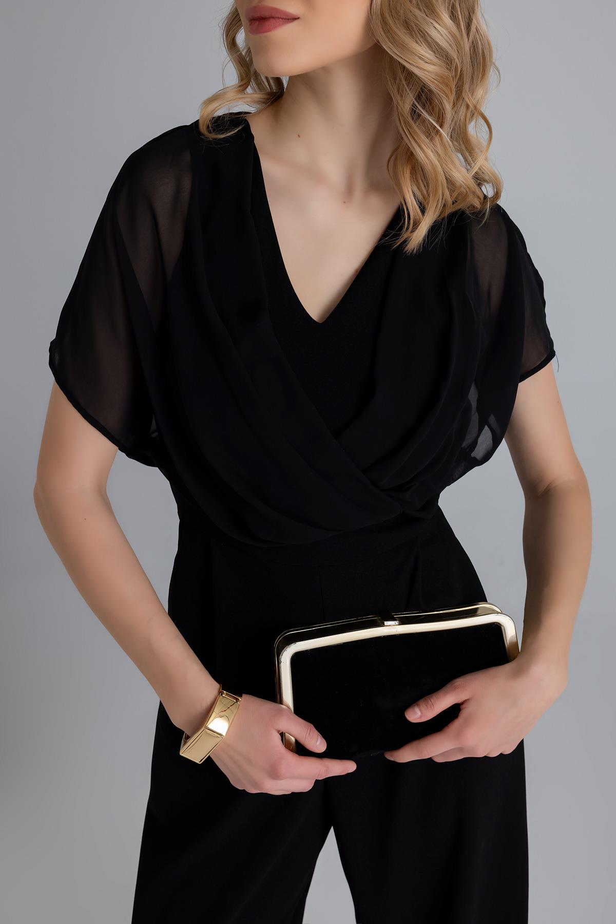 Chiffon Detailed Double Breasted Jumpsuit - BLACK