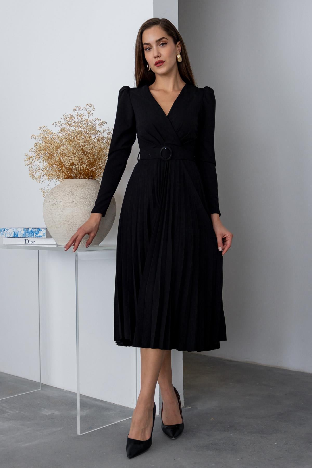 Pleated Skirt Midi Dress - BLACK