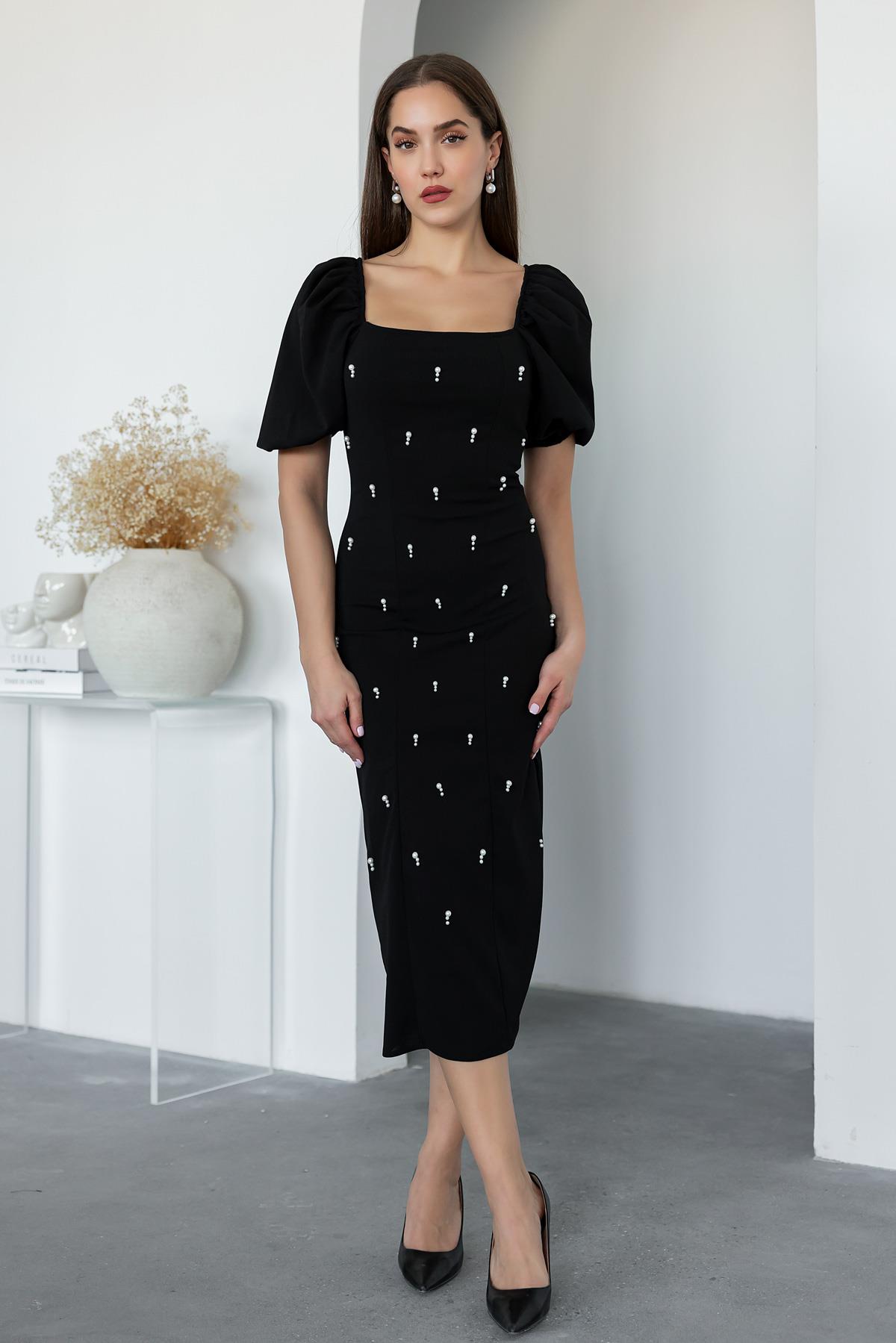 Pearl Balloon Sleeve Dress - BLACK