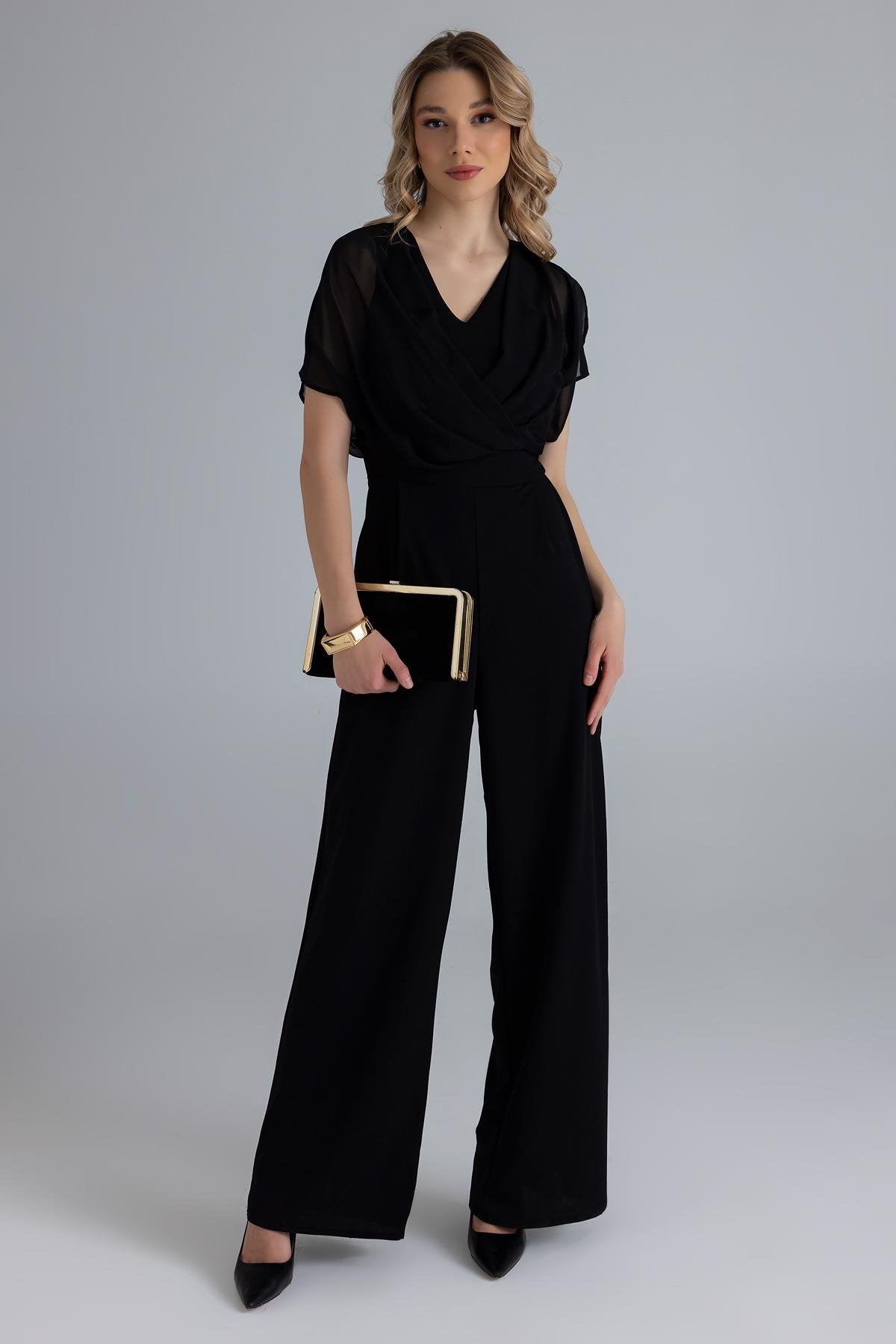 Chiffon Detailed Double Breasted Jumpsuit - BLACK
