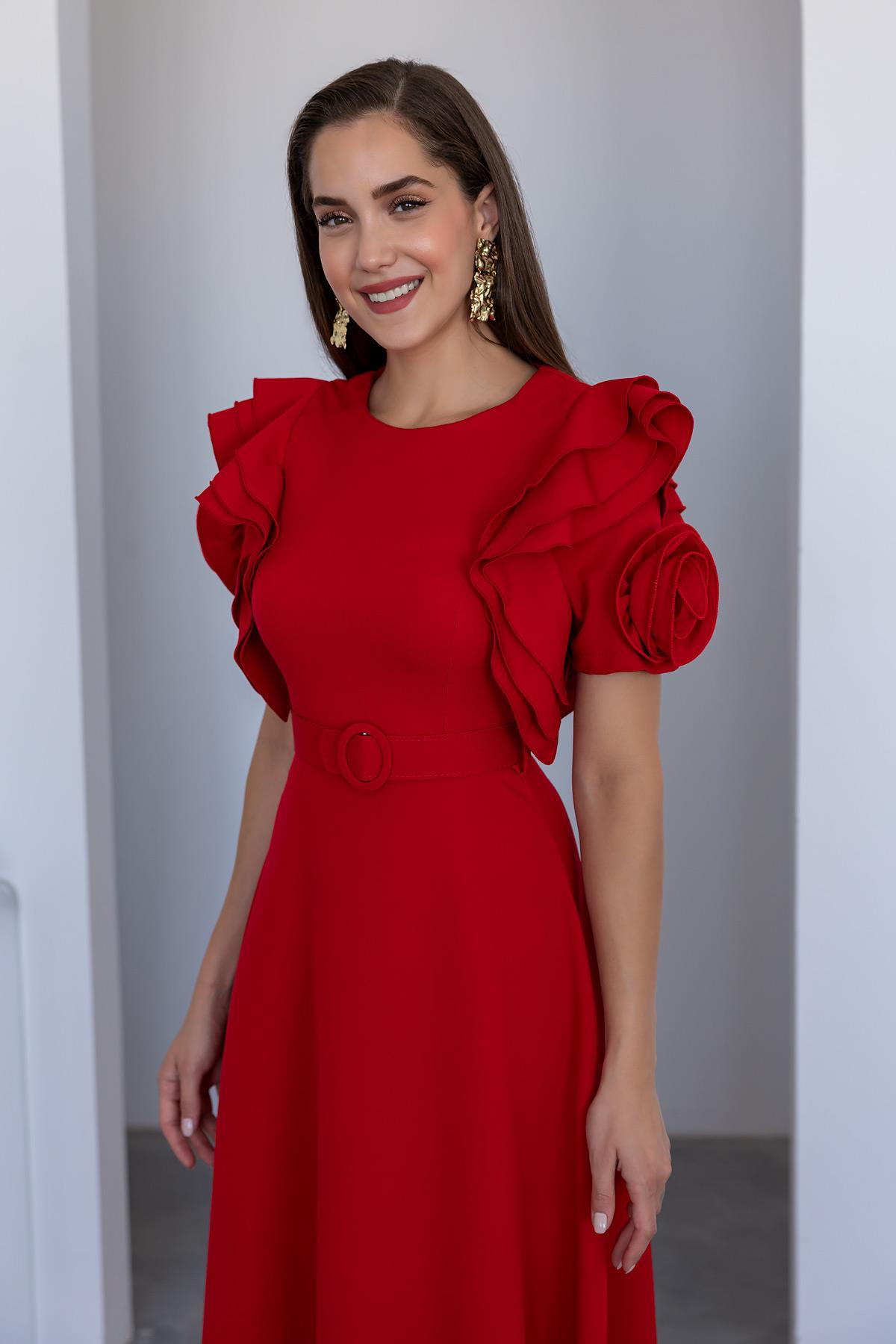 Sleeve Design Belted Dress - RED