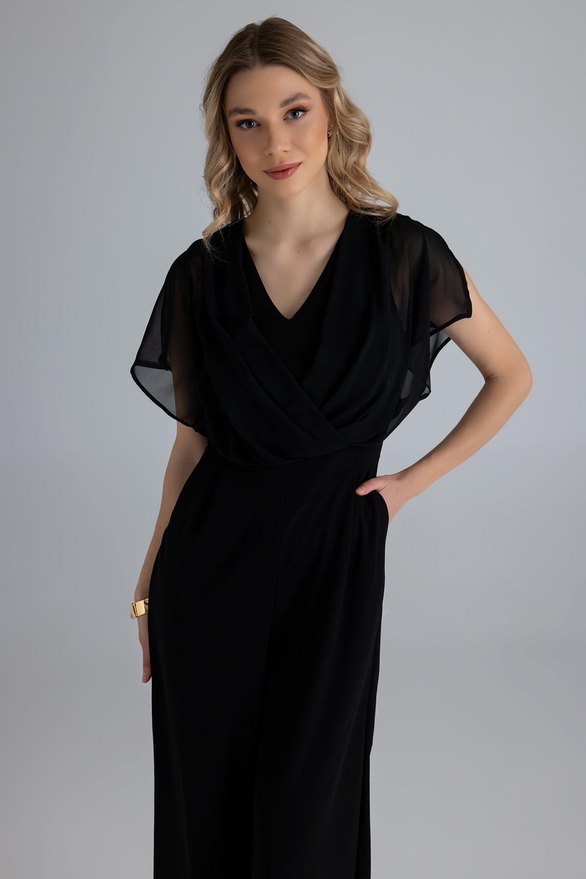 Chiffon Detailed Double Breasted Jumpsuit - BLACK