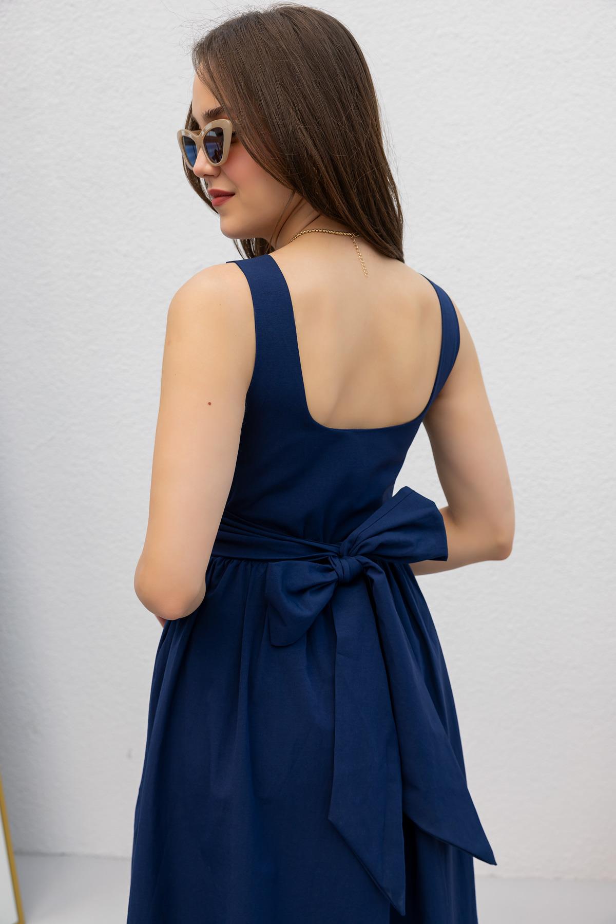 Thick Strapped Poplin Dress - NAVY BLUE