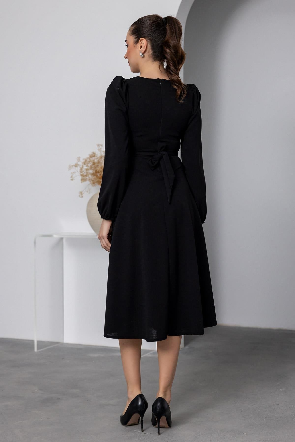 Stone Belted Square Neck Dress - BLACK