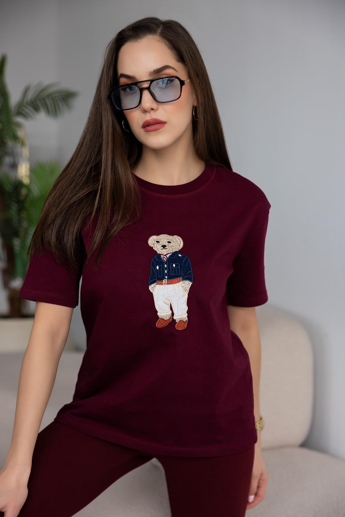 Teddy Bear Printed T-Shirt - CLARET