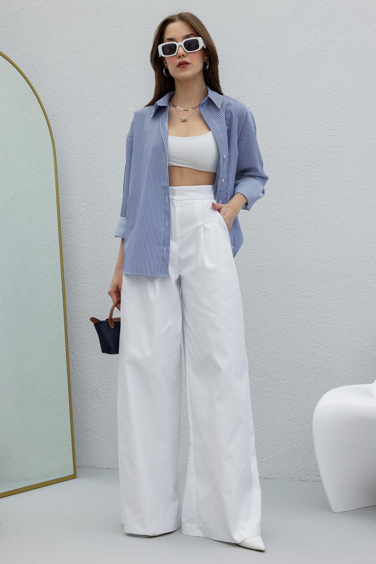 Pleated Palazzo Trousers - WHITE
