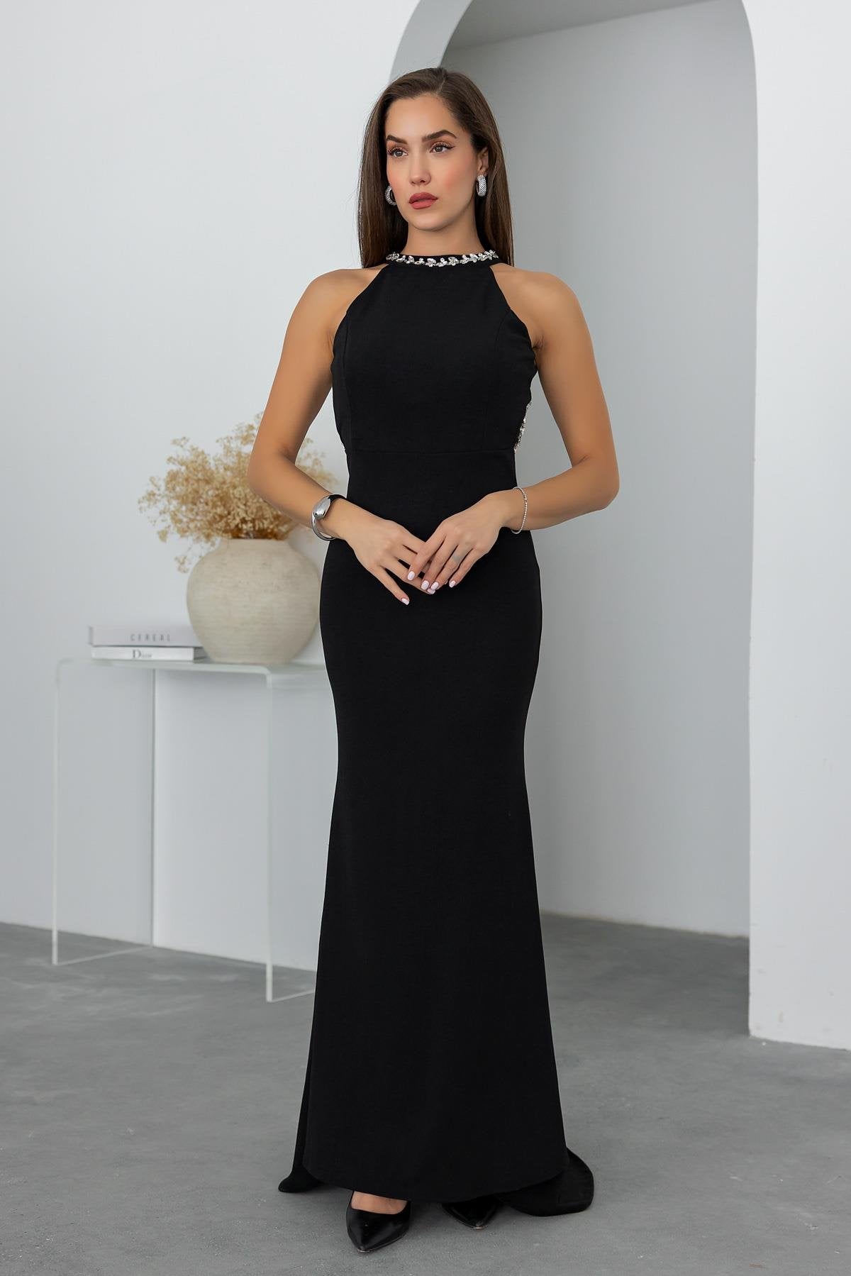 Stone Design Evening Dress - BLACK