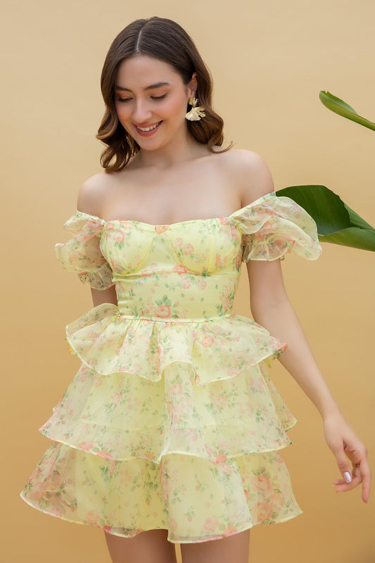 Shiny Textured Mini Dress - YELLOW