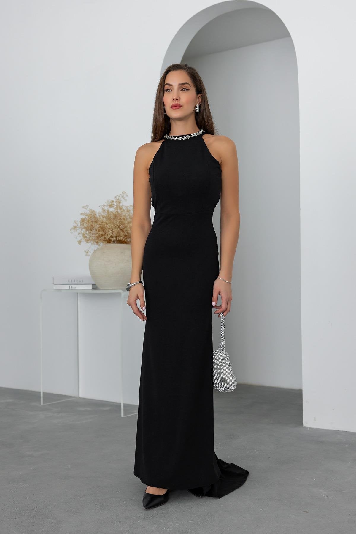 Stone Design Evening Dress - BLACK