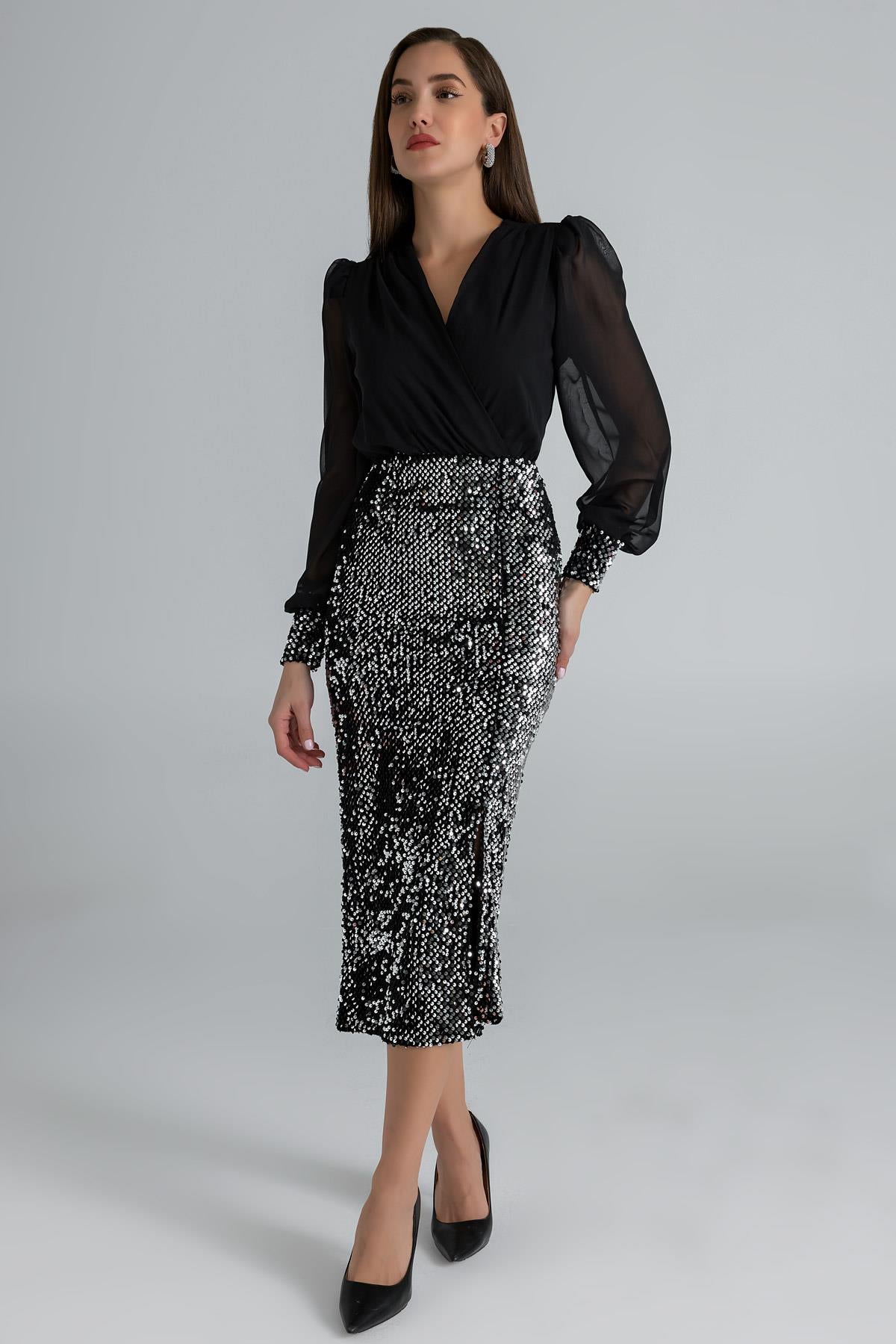 Sequined Evening Dress - BLACK