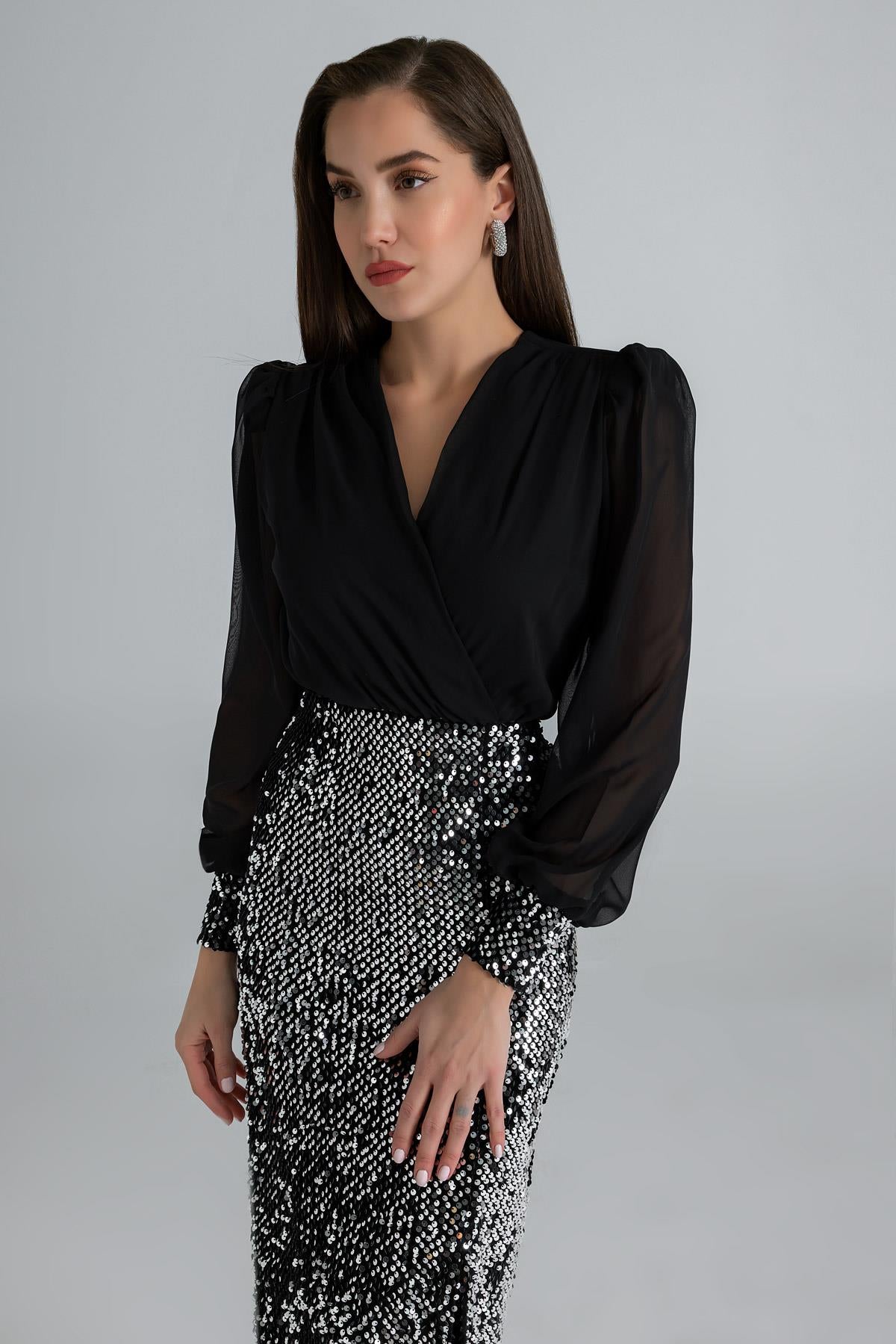 Sequined Evening Dress - BLACK