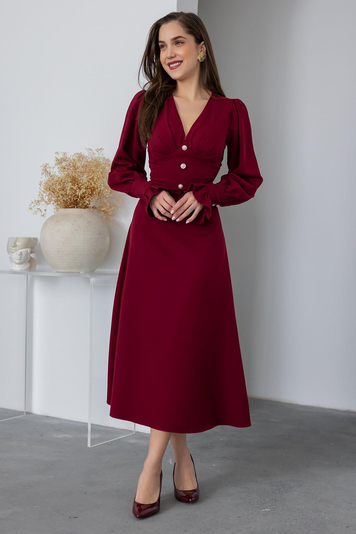 Pearl Buttoned Midi Dress - DARK RED