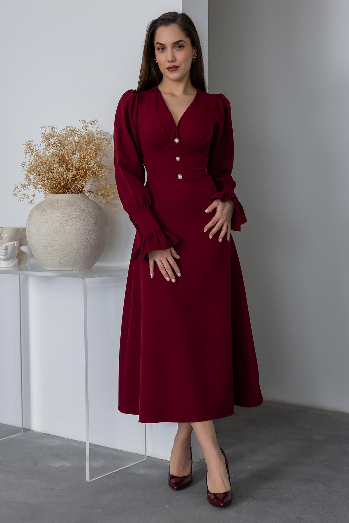 Pearl Buttoned Midi Dress - DARK RED