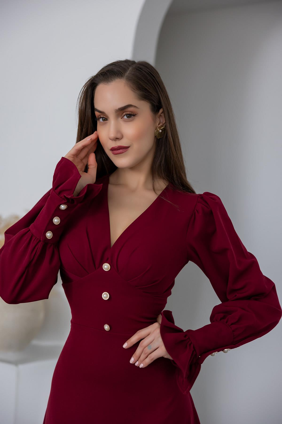 Pearl Buttoned Midi Dress - DARK RED