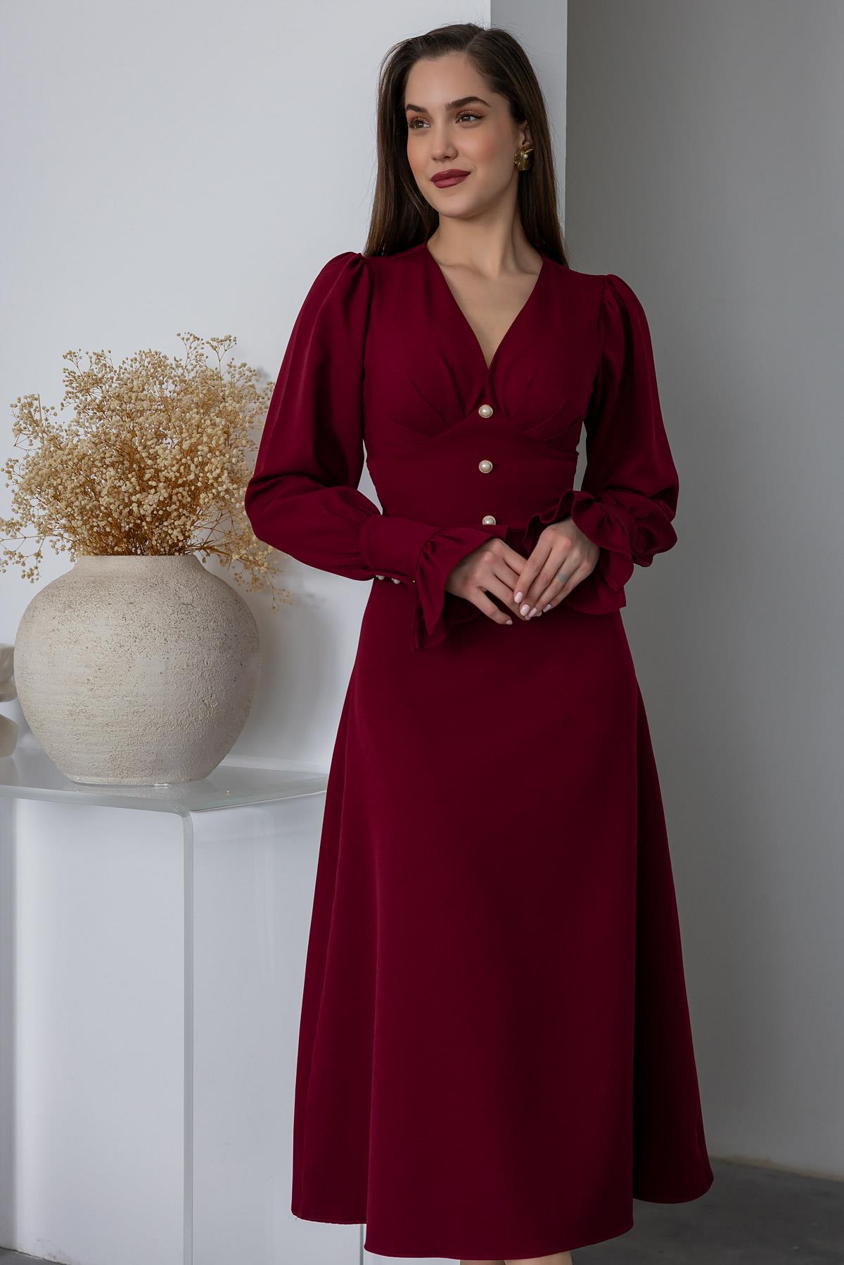 Pearl Buttoned Midi Dress - DARK RED