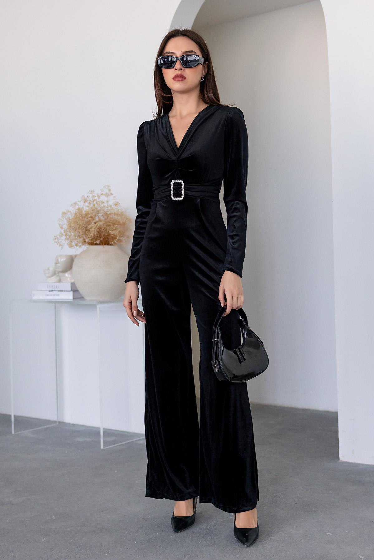 Velvet Belted Jumpsuit - BLACK