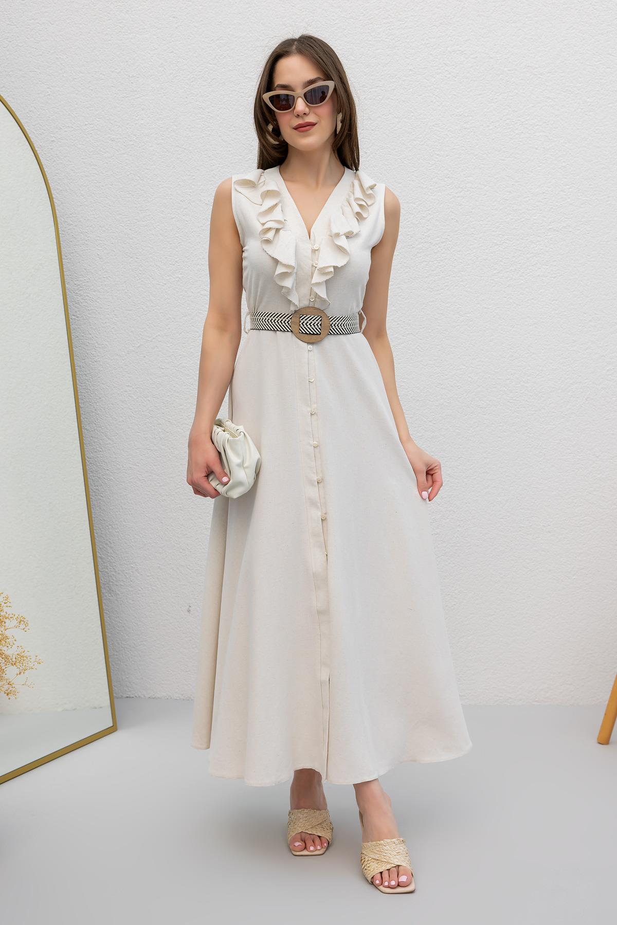 Belted Linen Dress - BEIGE