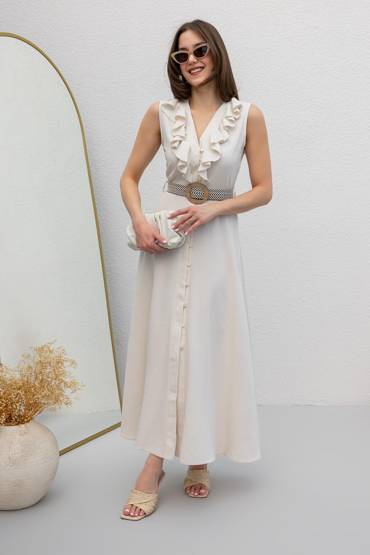 Belted Linen Dress - BEIGE