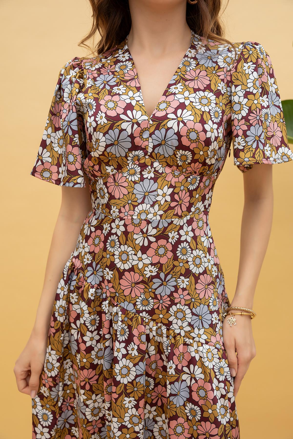 Floral Sleeve Flounce Dress - BROWN