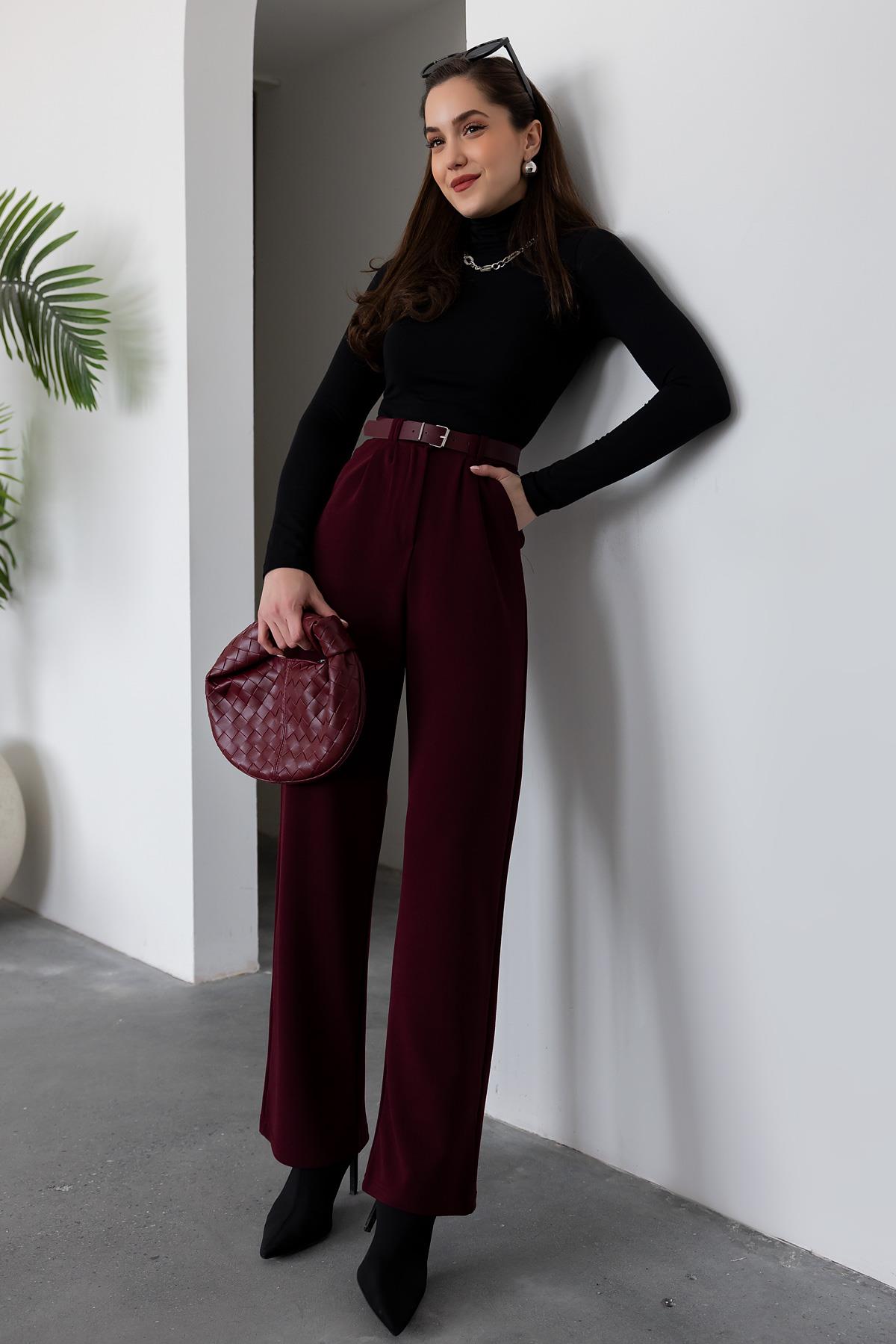 Belted Palazzo Trousers - Claret