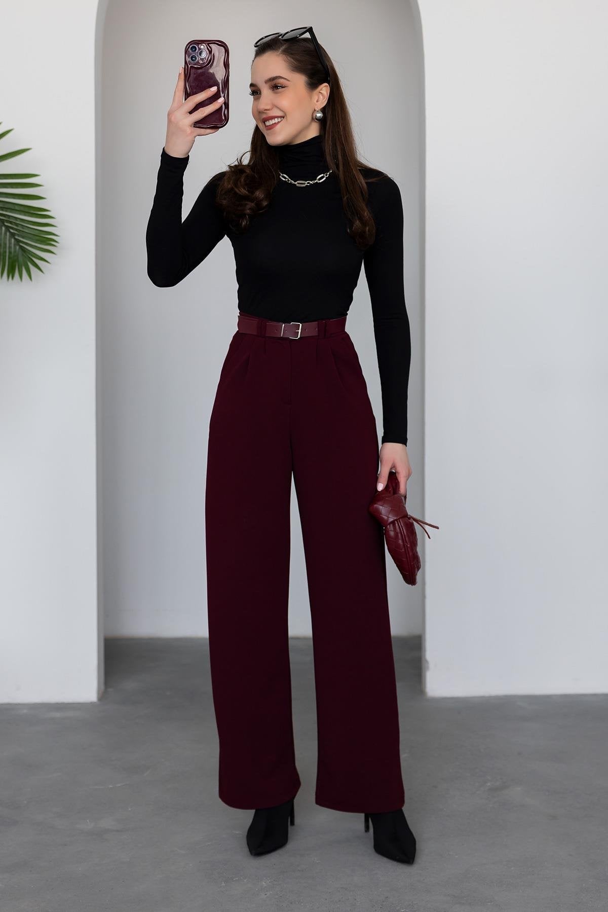 Belted Palazzo Trousers - Claret