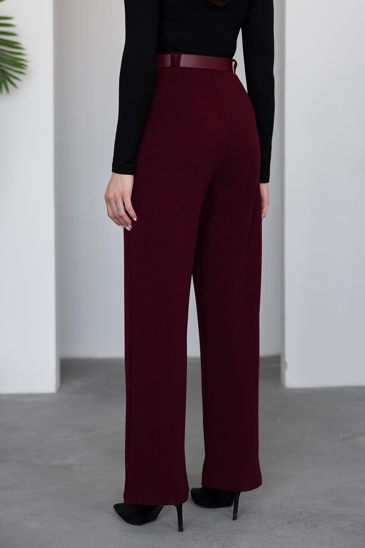 Belted Palazzo Trousers - Claret