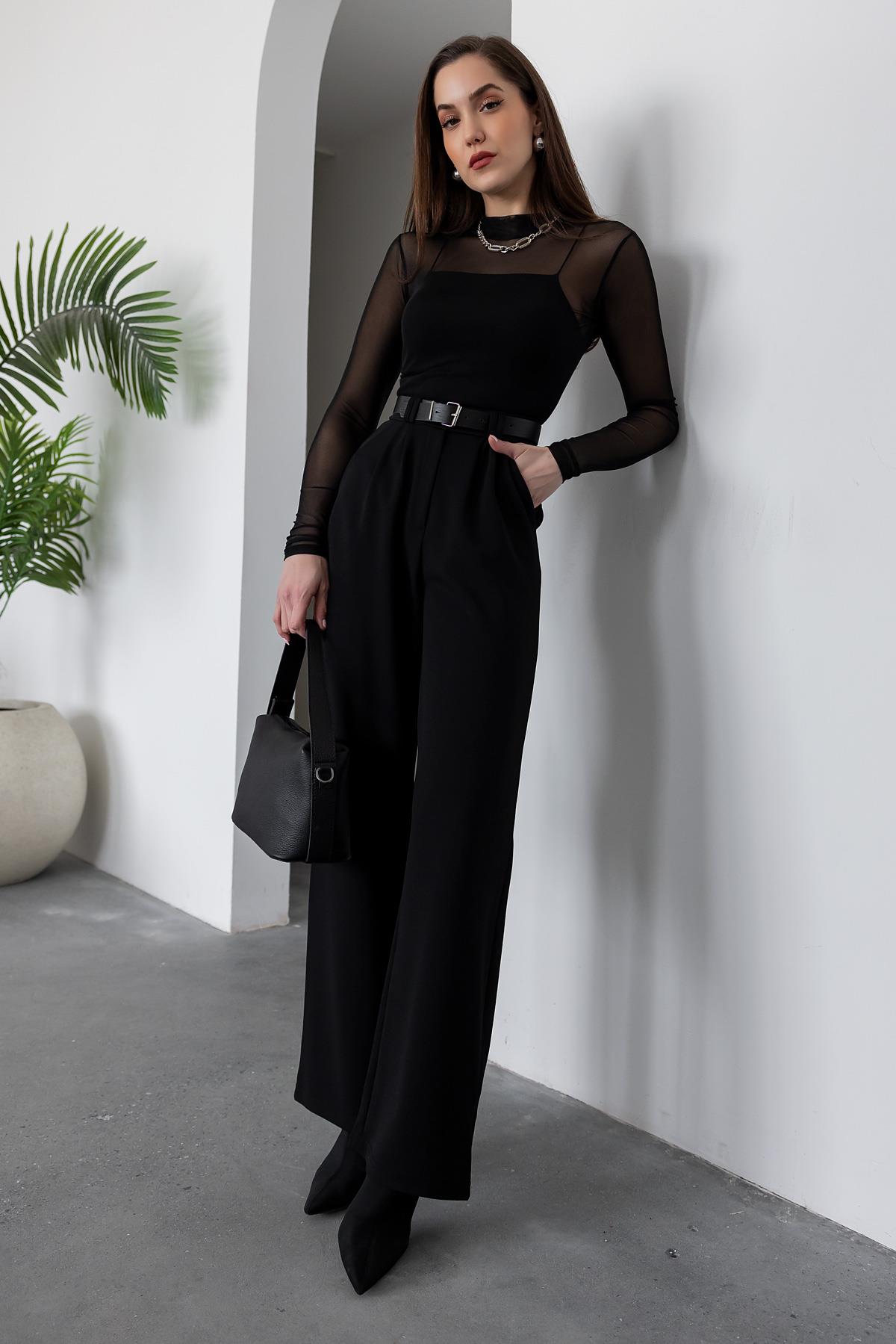 Belted Palazzo Trousers - BLACK