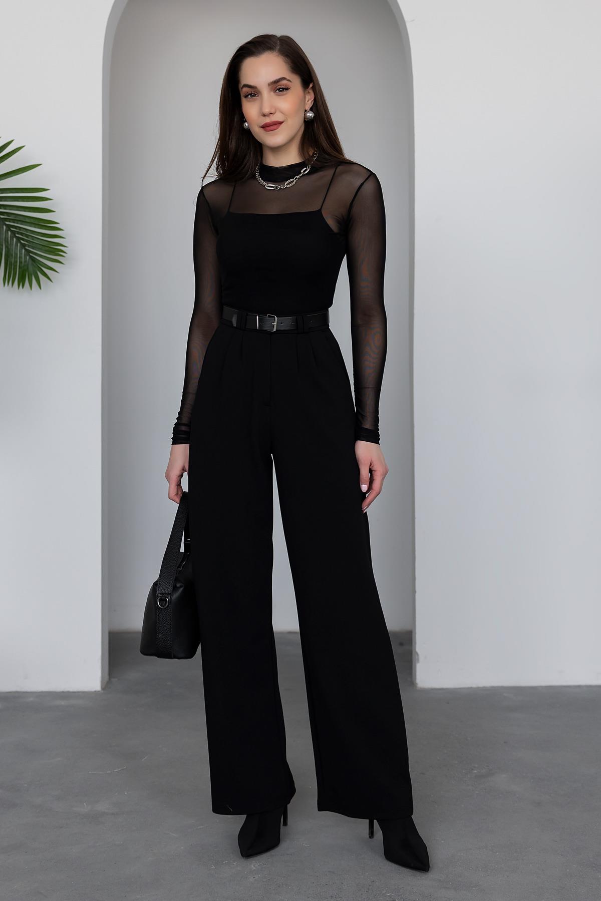 Belted Palazzo Trousers - BLACK