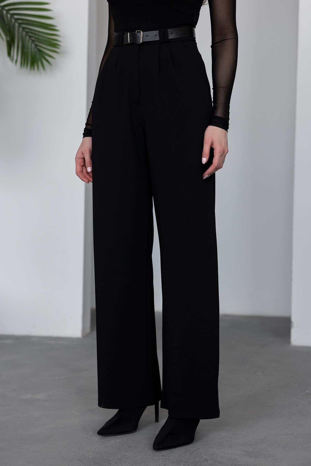 Belted Palazzo Trousers - BLACK