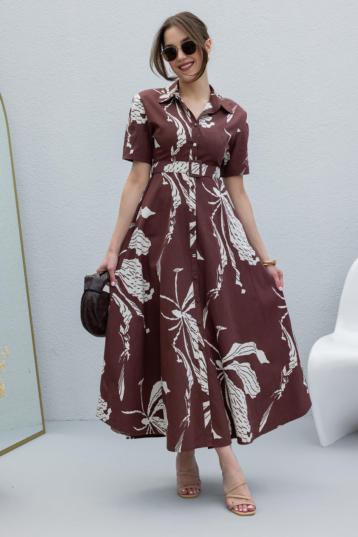 Patterned Shirt Dress - BROWN