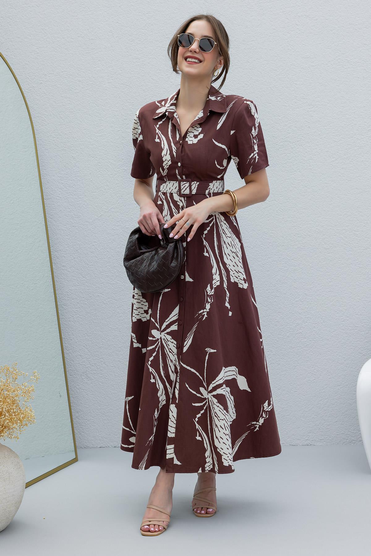 Patterned Shirt Dress - BROWN