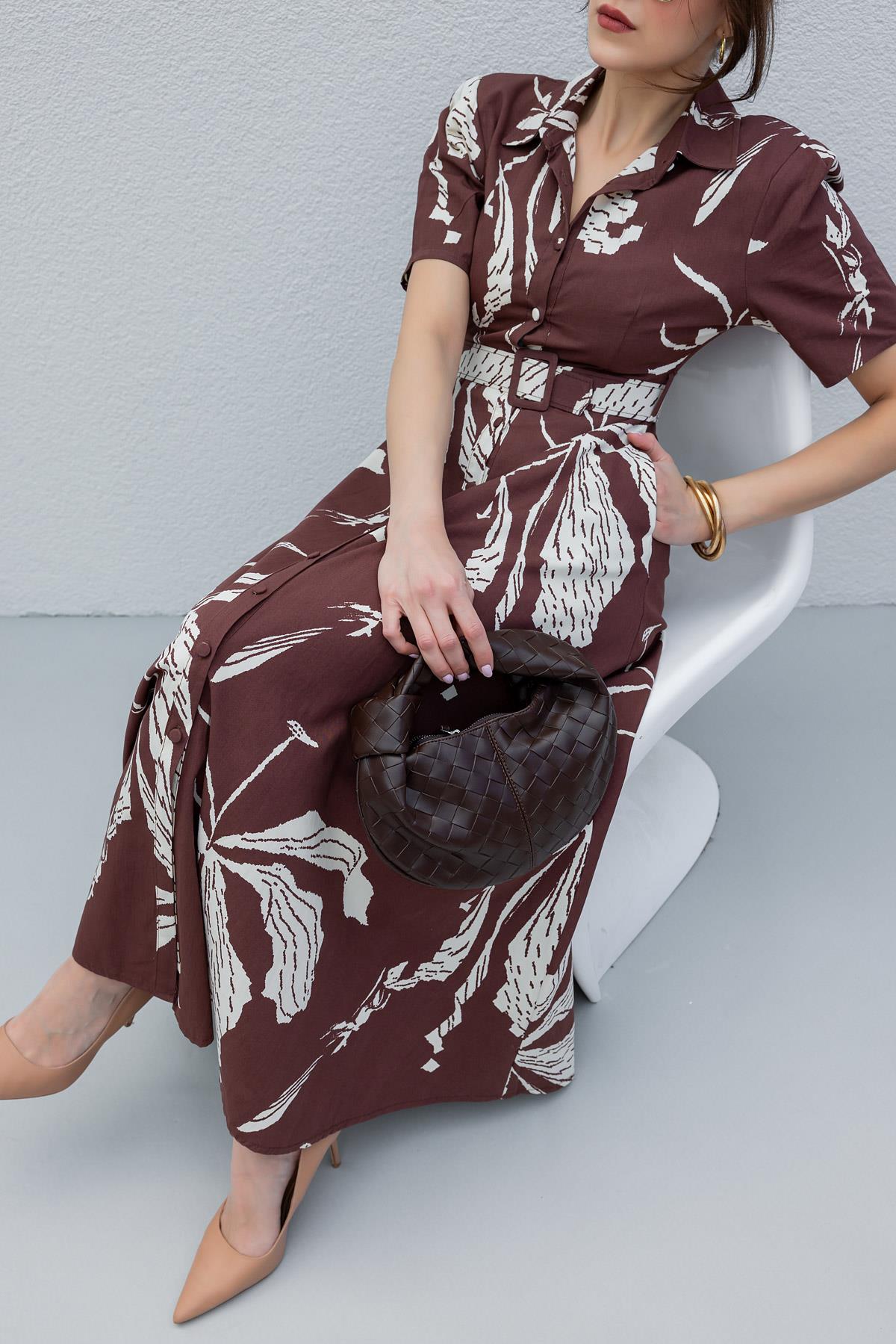 Patterned Shirt Dress - BROWN