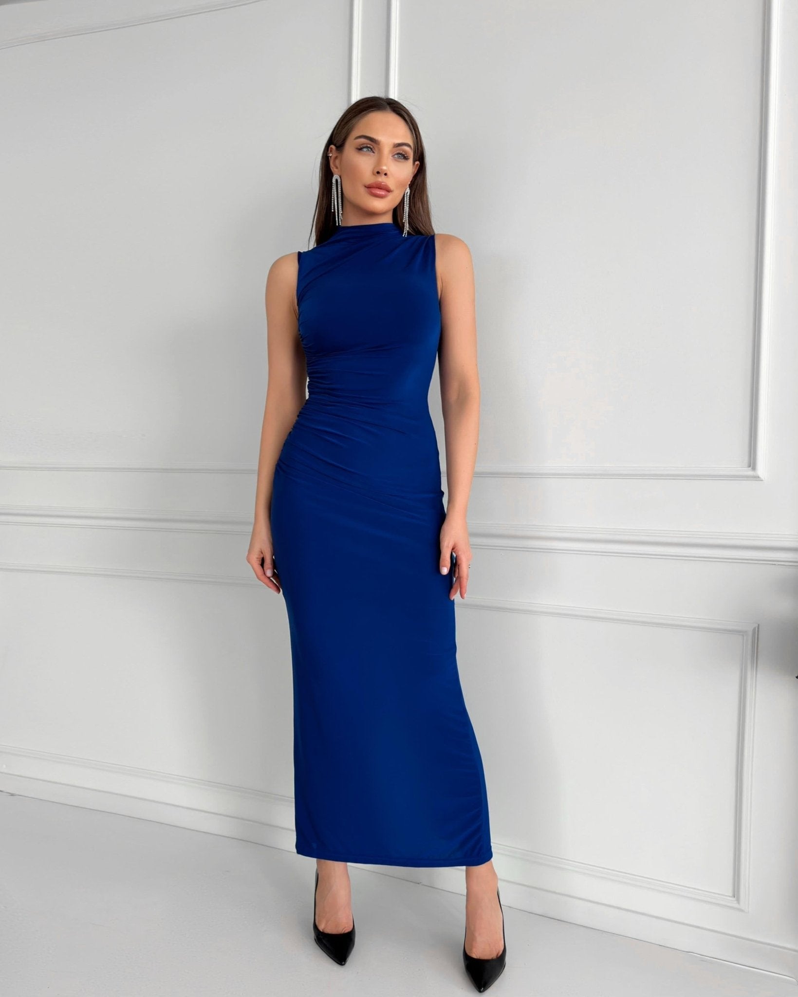 DARK BLUE ZERO SLEEVE SHIRRED DRESS - Lebbse