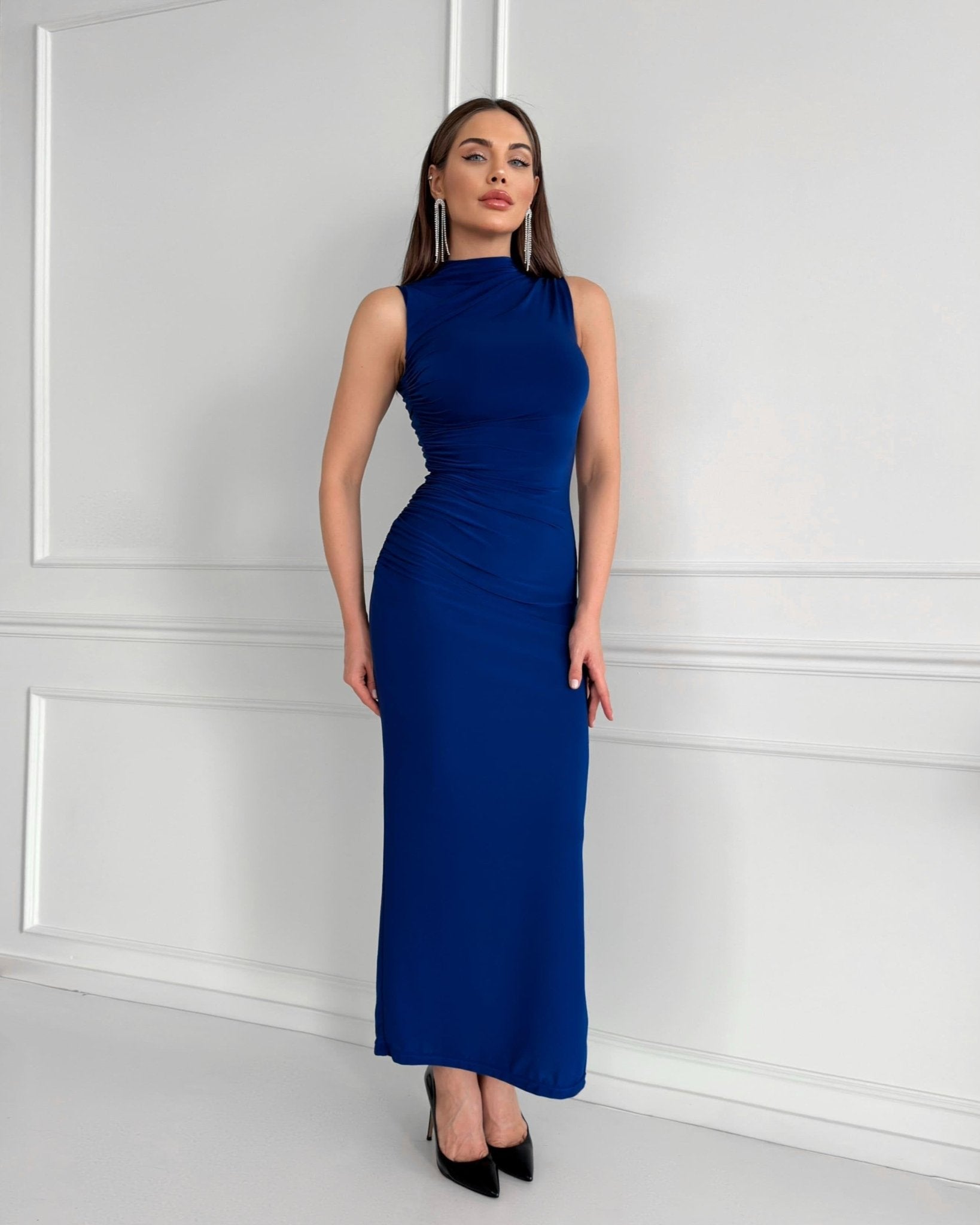 DARK BLUE ZERO SLEEVE SHIRRED DRESS - Lebbse