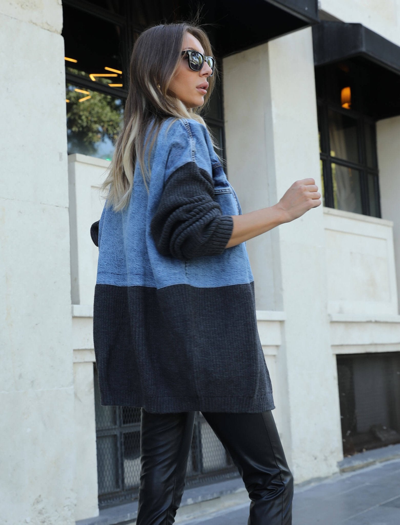 Dark Gray Knit Jean Design Cardigan - Lebbse