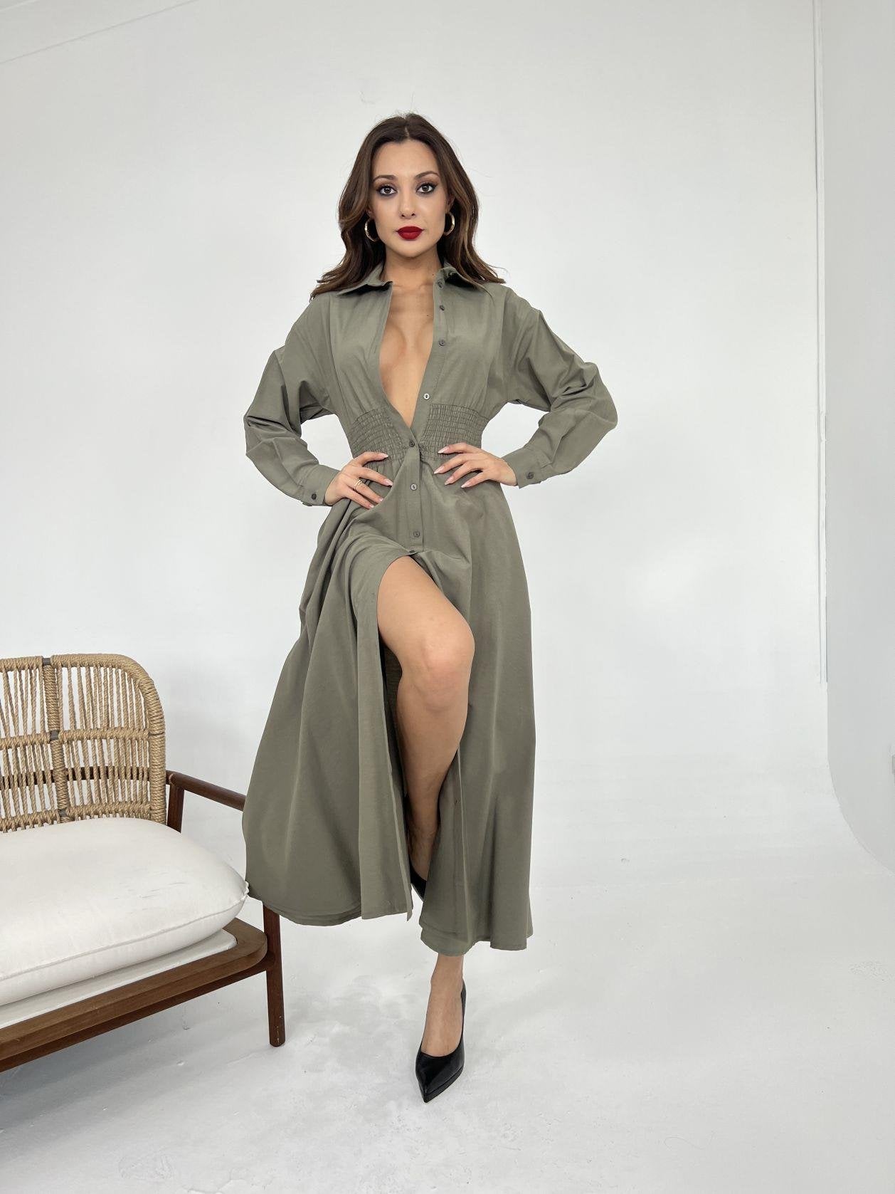 Dark Green Long Sleeve Buttoned Dress - Lebbse