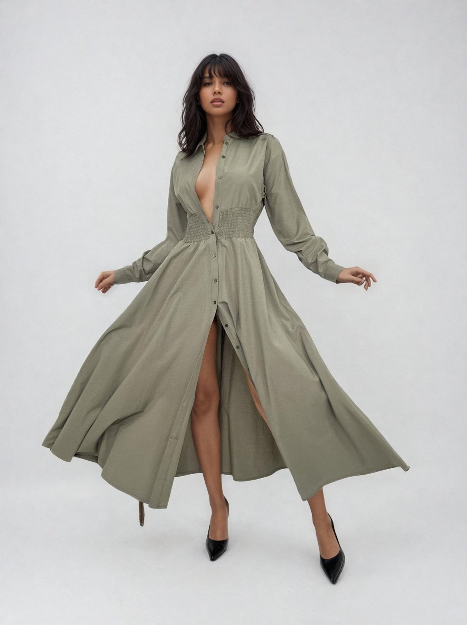 Dark Green Long Sleeve Buttoned Dress - Lebbse